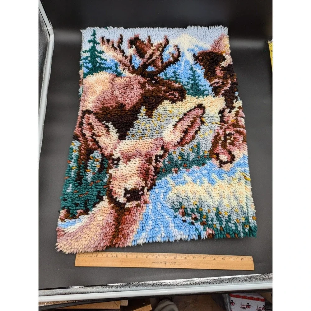 RARE VTG Latch Hook Rug Wall Hanging Moose Deer Bison Bear Mountain Lion Stream